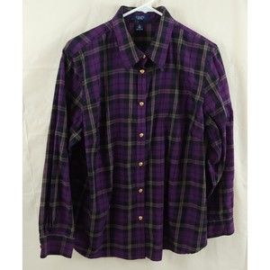 Chaps Womens Top 1X Long Sleeve Button Front Purple Plaid Career Collar Cotton